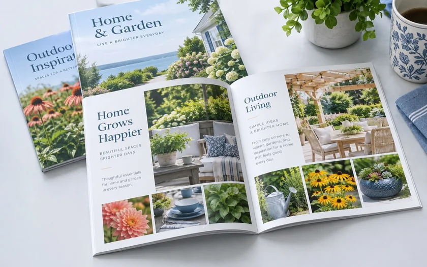 Open home and garden catalog with matching booklets