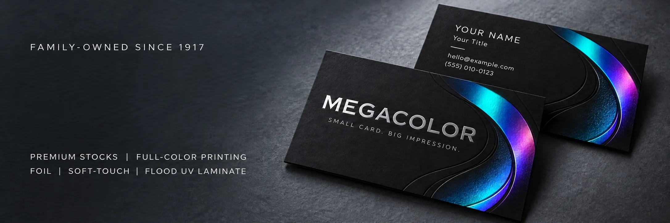 Family-owned since 1917. Premium black business cards with cyan and violet foil details.
