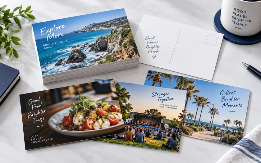 Natural travel, restaurant, and community postcards